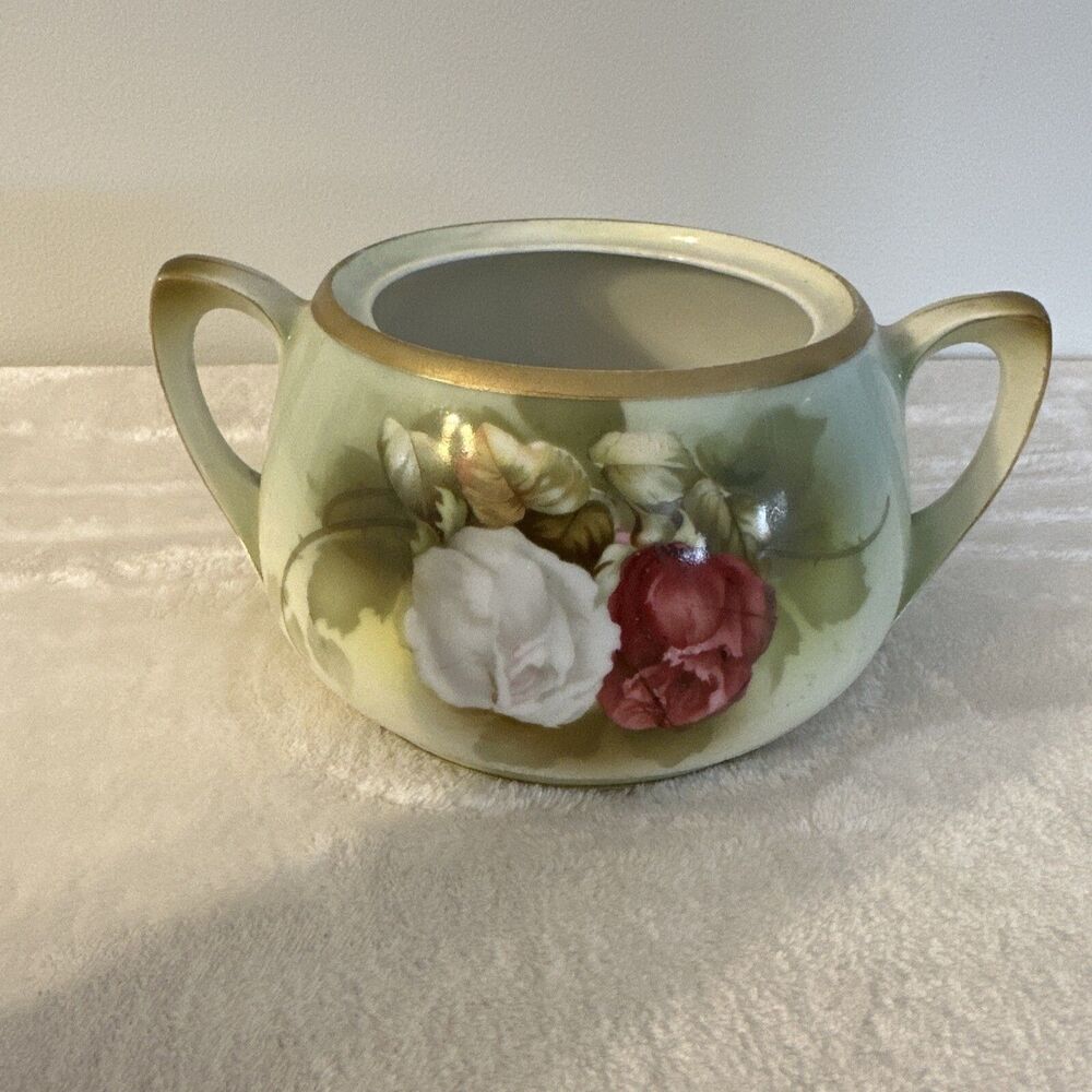 Antique RS Germany Two Handled Bowl Hand painted W Roses No Lid Gold Lime Green